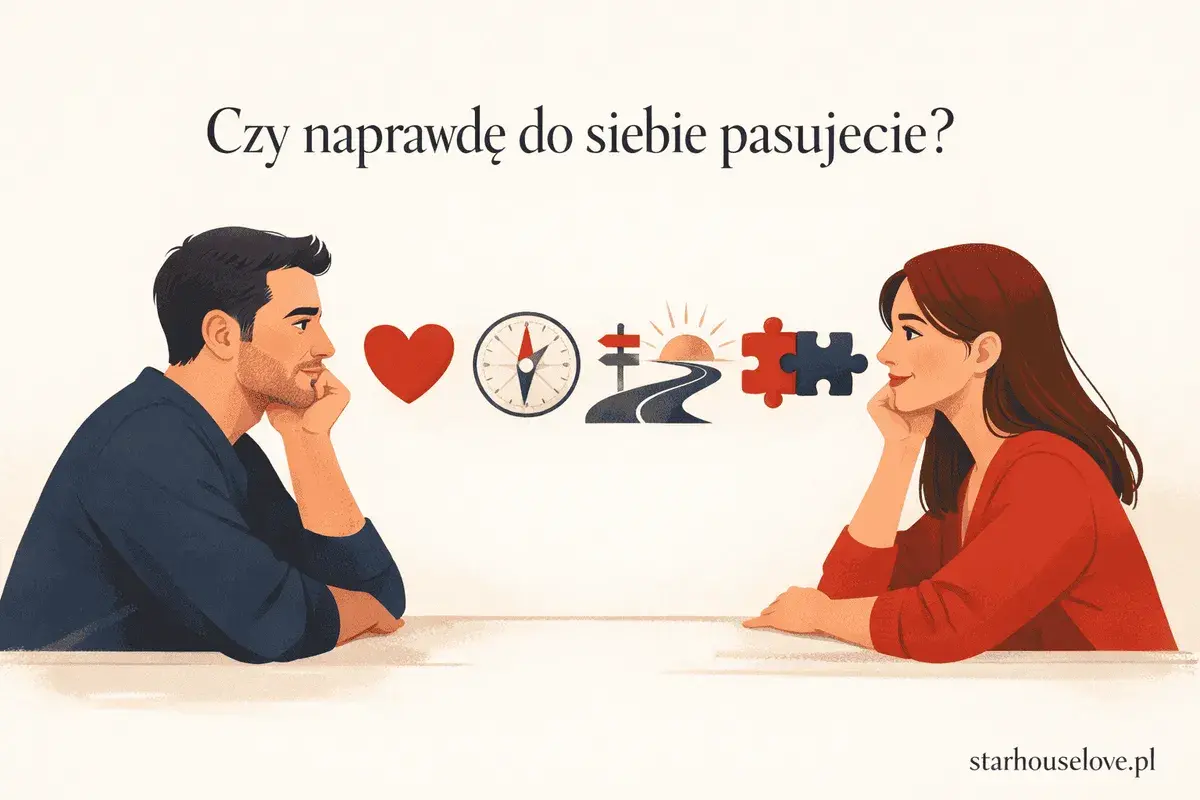 Para myśli o tym, jak być szczęśliwą w związku. Serce, kompas, droga i puzzle symbolizują wspólną przyszłość.
